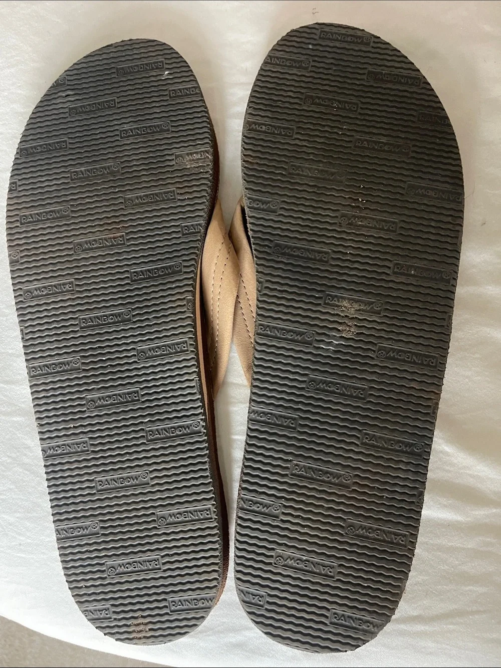 Rainbow Men's Tan Leather Flip Flops with Gold Accent
